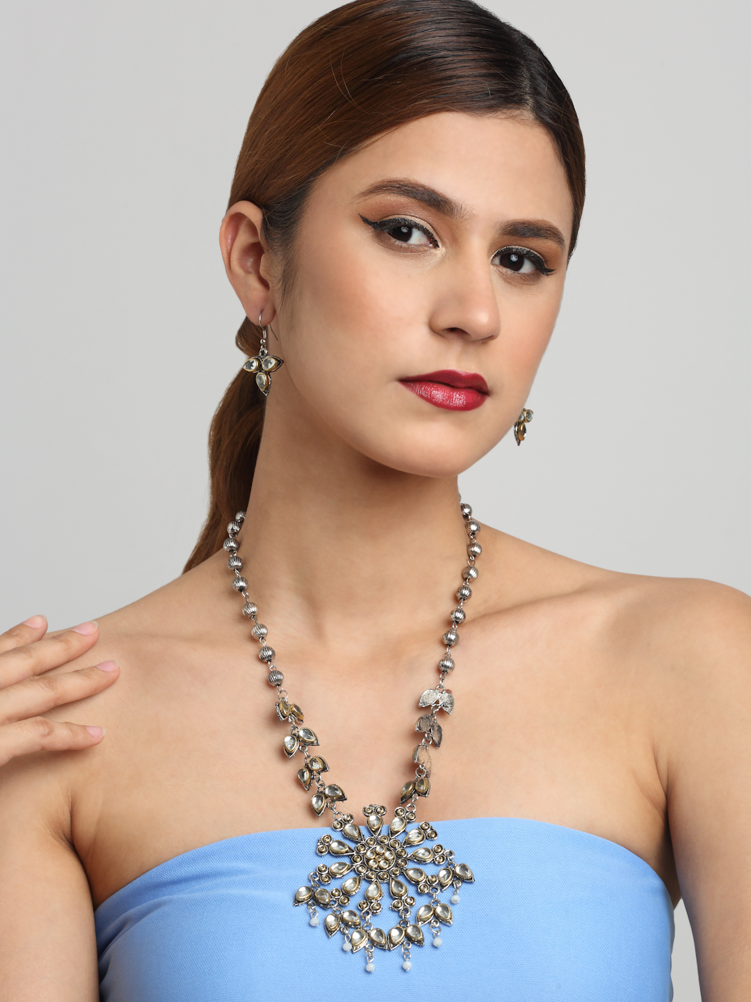 YouBella Jewellery Oxidised Silver Necklace Jewellery Set with Earrings for Girls and Women (Silver) (YBNK_50519)